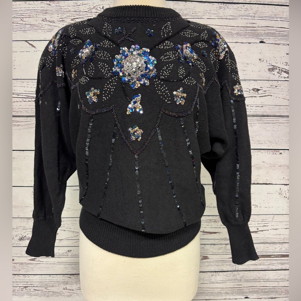 Stunning! Vintage 80’s Black Beaded Sweater with Blue Accents